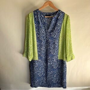 Etcetera Dress Sz 12 Blue Green Roll Tab Sleeves EUC Polyester? Geometric